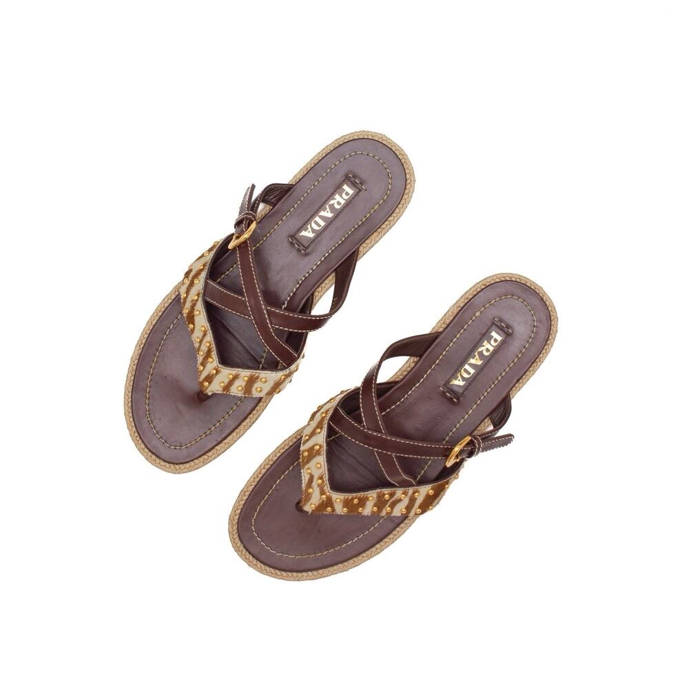 700$ Prada Thong Brown Leather Sandals Flat Leather Pony Hair Studded 39 / US 9